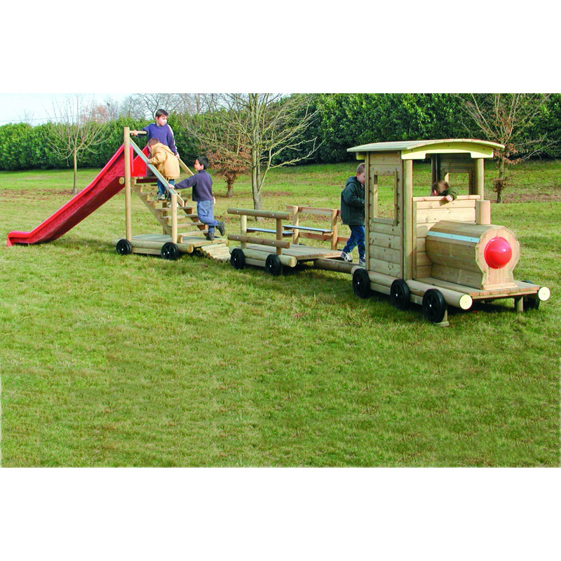 Locomotive + poutre fixe + wagon banquette + passerelle + toboggan Locomotive + poutre fixe + wagon banquette + passerelle + toboggan