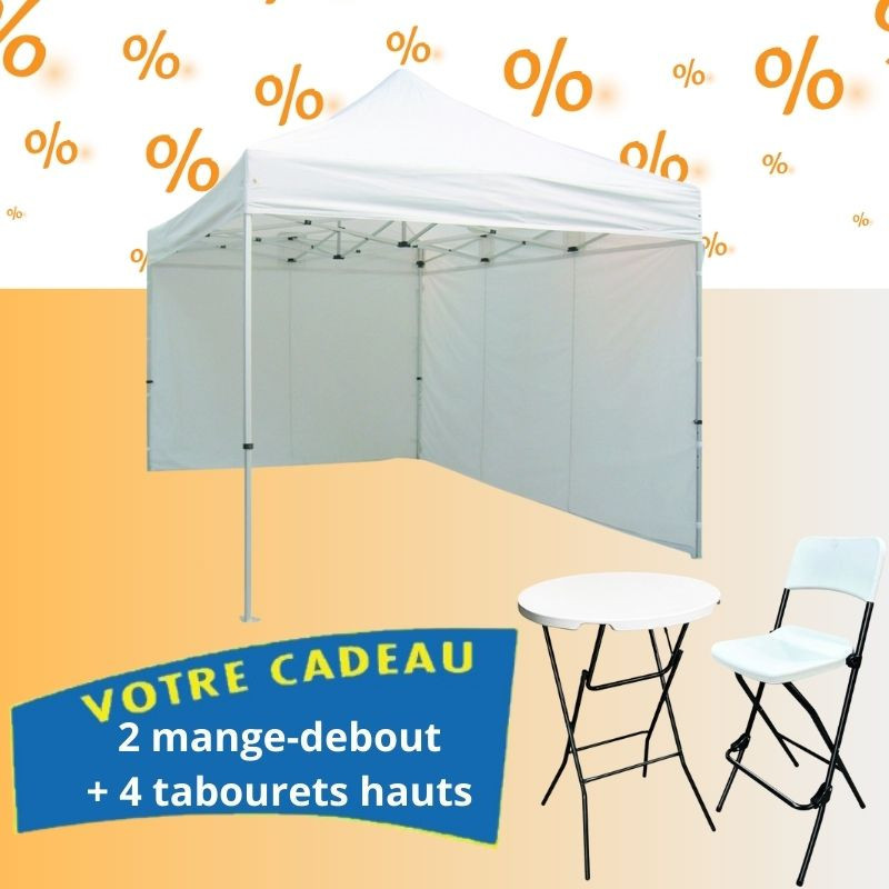 2 abris festifs + 2 mange-debout + 4 tabourets en cadeau