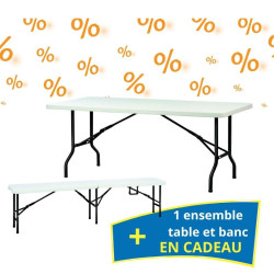 5 tables polyéthylène Saturne + 10 bancs + 1 ensemble OFFERT