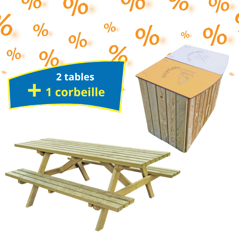 2 tables pique-nique Montagne + 1 corbeille Poitevine